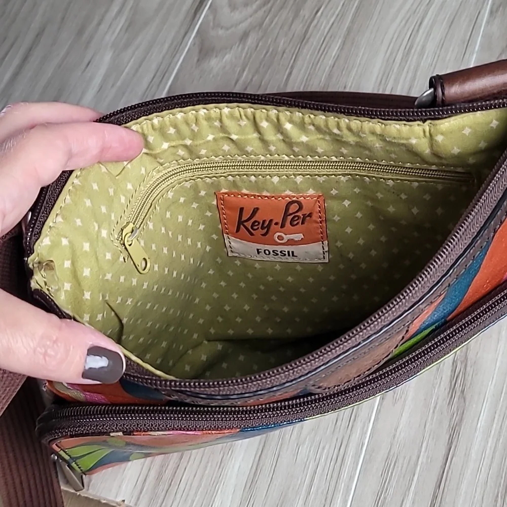 Fossil Key-Per Crossbody Bag Floral Geometric Multicolor Adjustable Strap